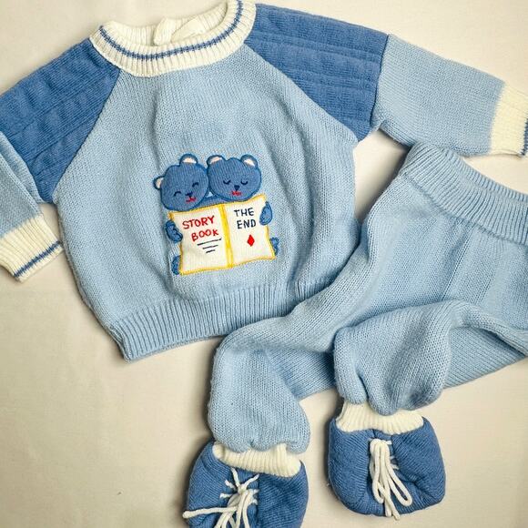 Vintage Story Book Teddy Bears Sweater Blue Knit 2pc Set Outfit Sz 3 mo - Picture 1 of 10